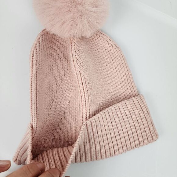 Vince Camuto Beanie Hat With Faux Fur Pom Pom Pale Pink Women's One Size - Picture 7 of 8